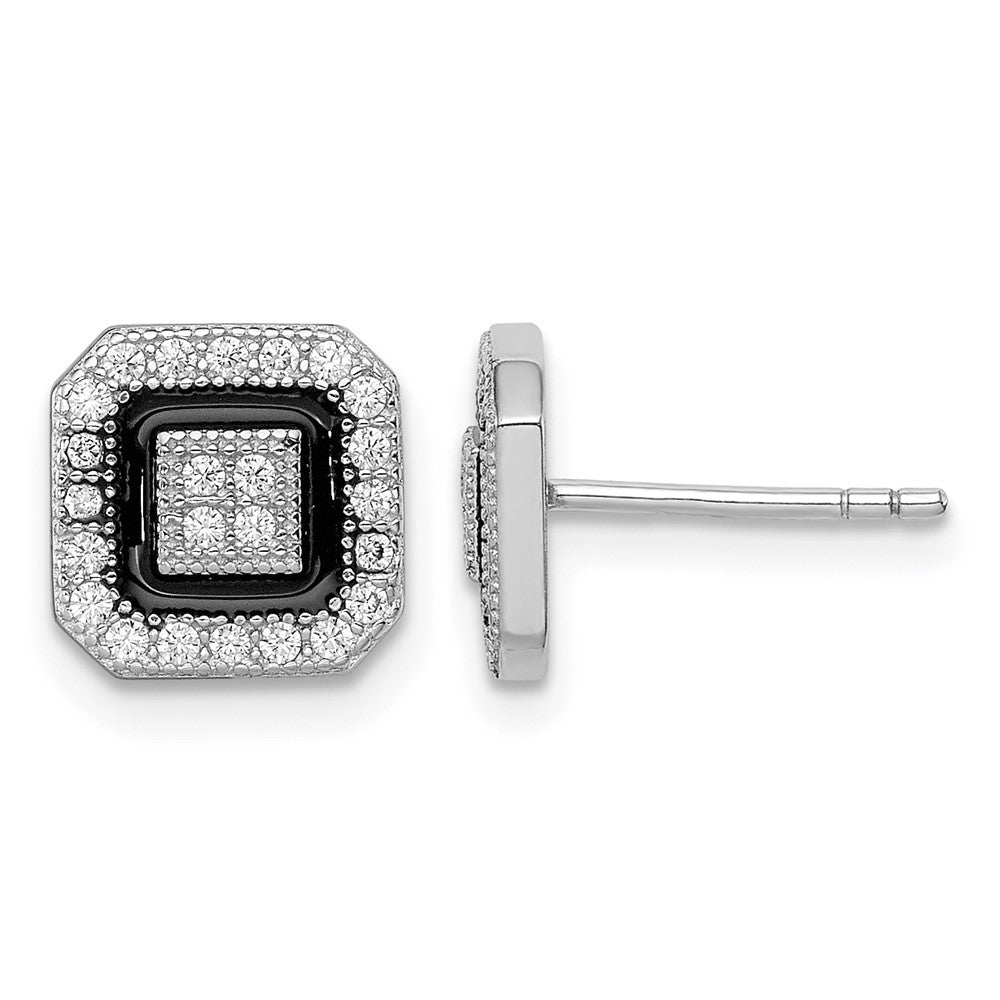 Sterling Silver RH-plated Black Enamel & Pavé CZ Square Halo Post Earrings