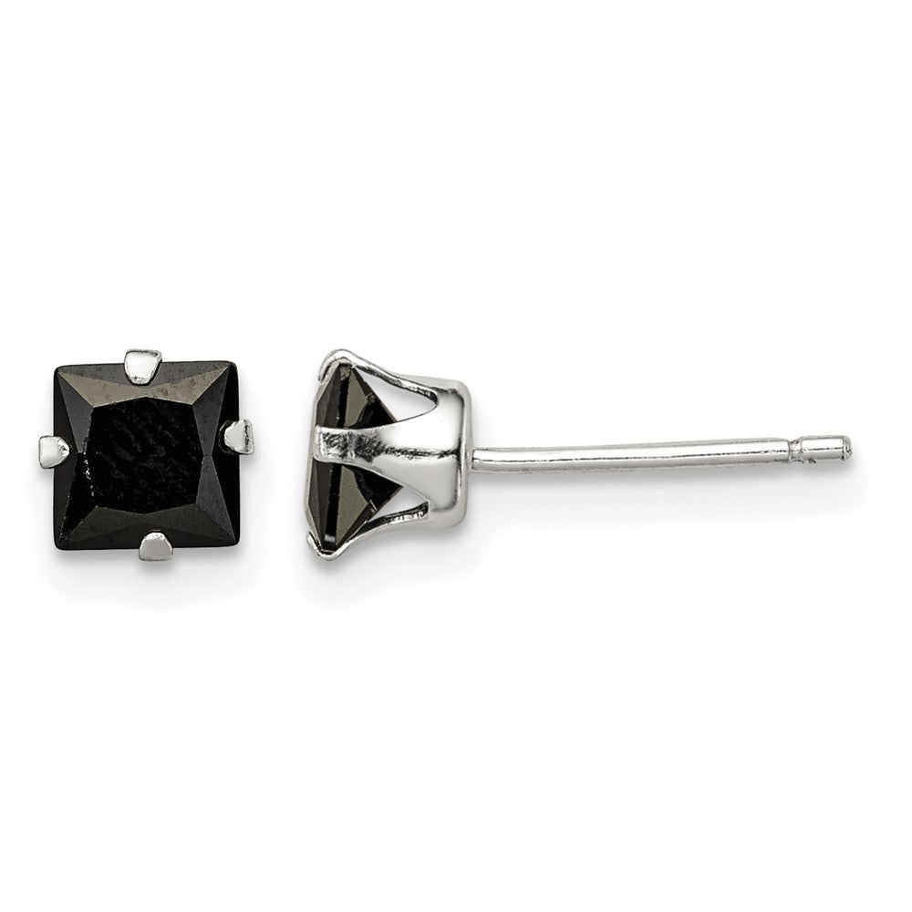 Sterling Silver Polished Black Square 5mm CZ Snap-in Set Stud Earrings