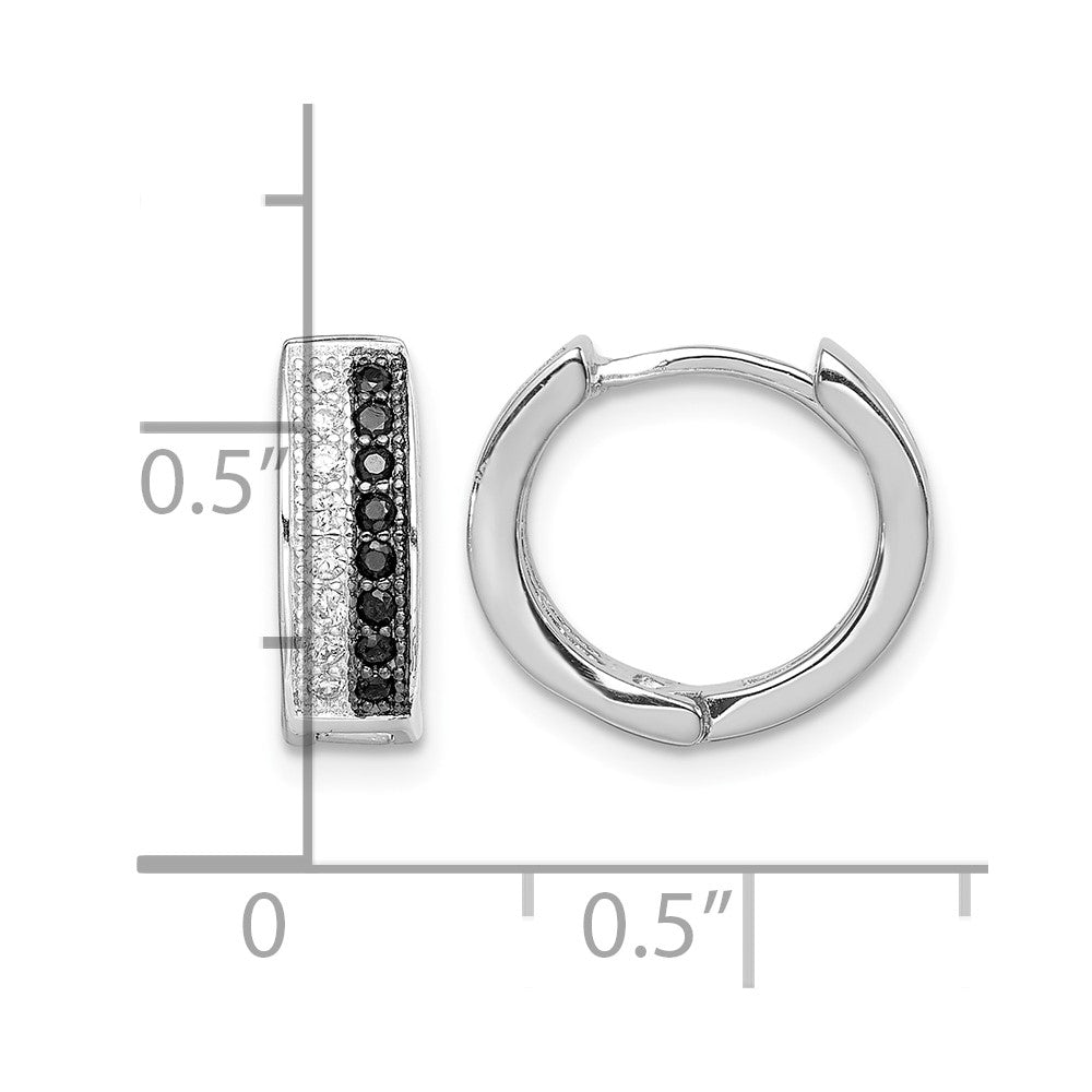 Sterling Silver RH-plated Black & White CZ Hinged Round Hoop Earrings