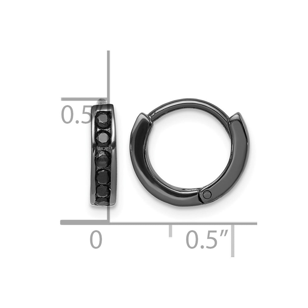 Sterling Silver Black RH-plated Black CZ Hinged Round Hoop Earrings