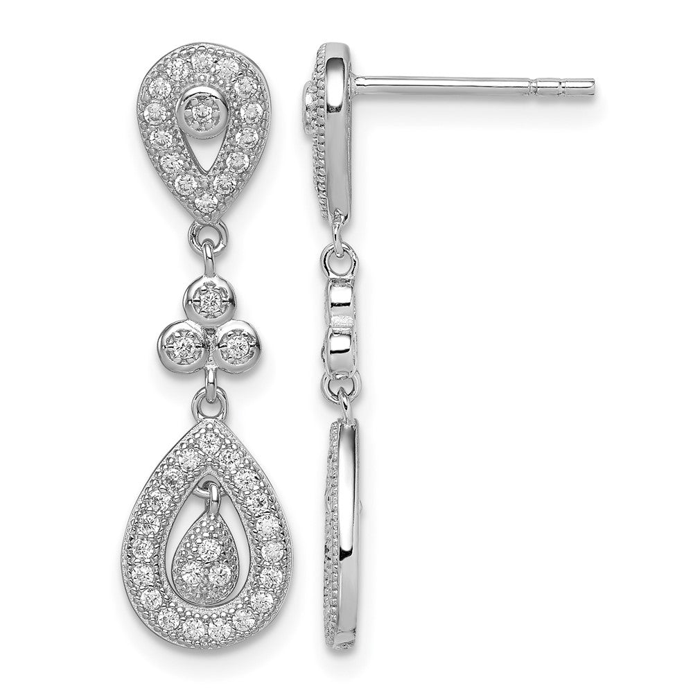 Sterling Silver Rhodium-plated CZ Pavé Pear Dangle Post Earrings