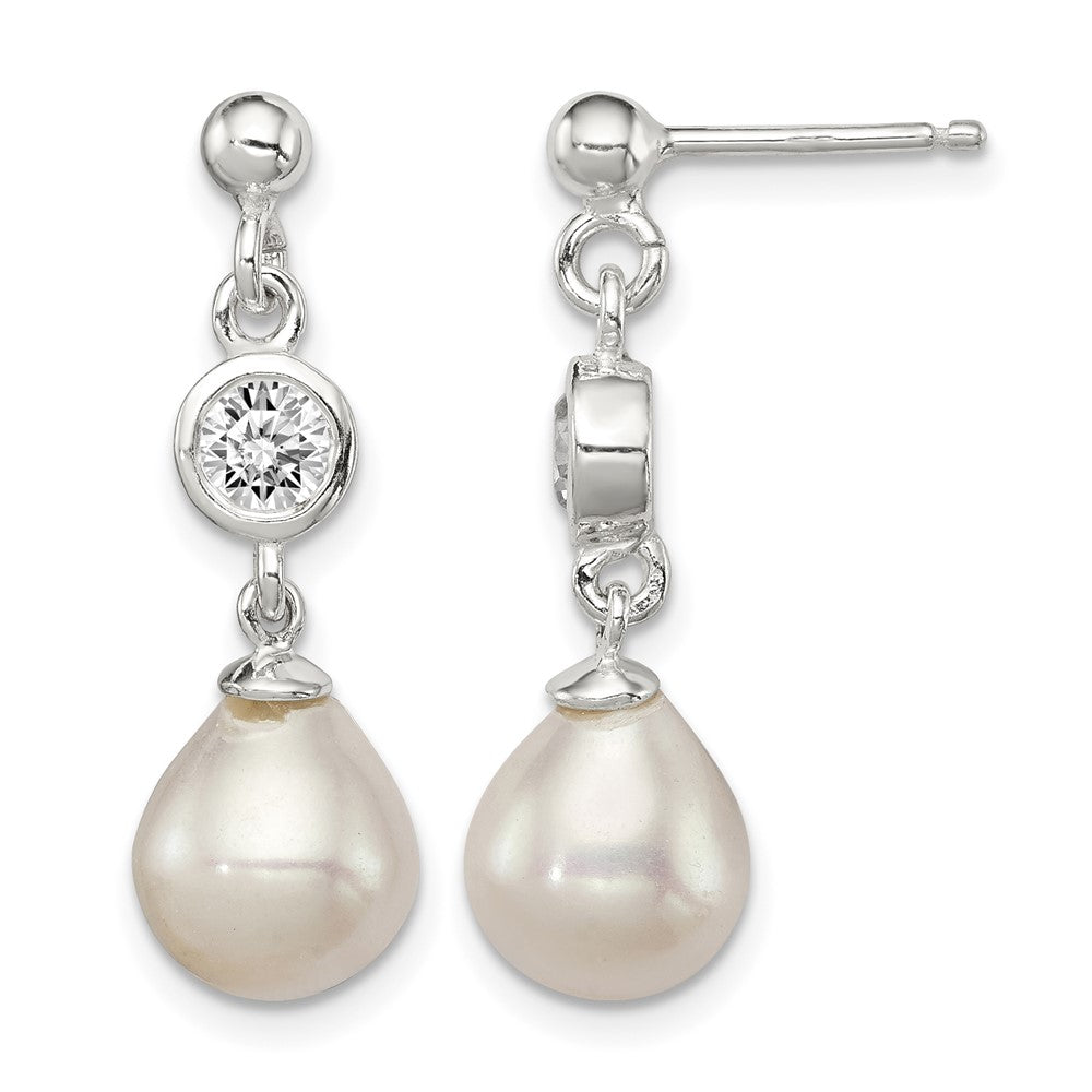 Sterling Silver Polished FWC Pearl and CZ Post Dangle Earrings