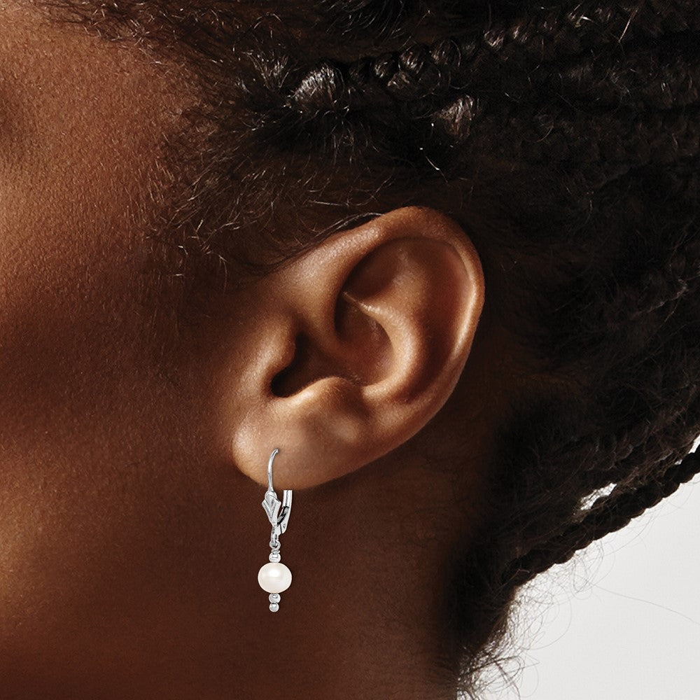 Sterling Silver Rhodium-plated 6-7mm White FWC Pearl Leverback Earrings