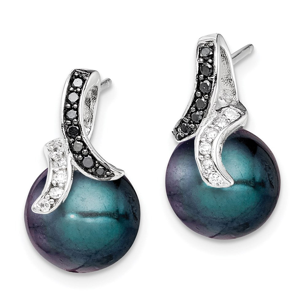 Sterling Silver RH-pltd Black/White CZ/Black Imitation Shell Pearl Earrings