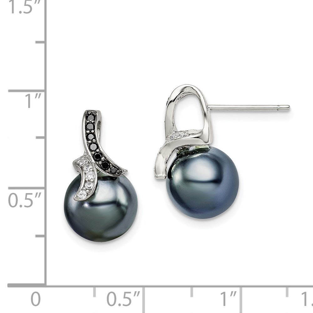 Sterling Silver RH-pltd Black/White CZ/Black Imitation Shell Pearl Earrings