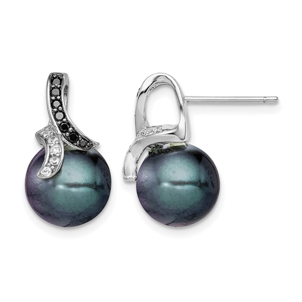 Sterling Silver RH-pltd Black/White CZ/Black Imitation Shell Pearl Earrings