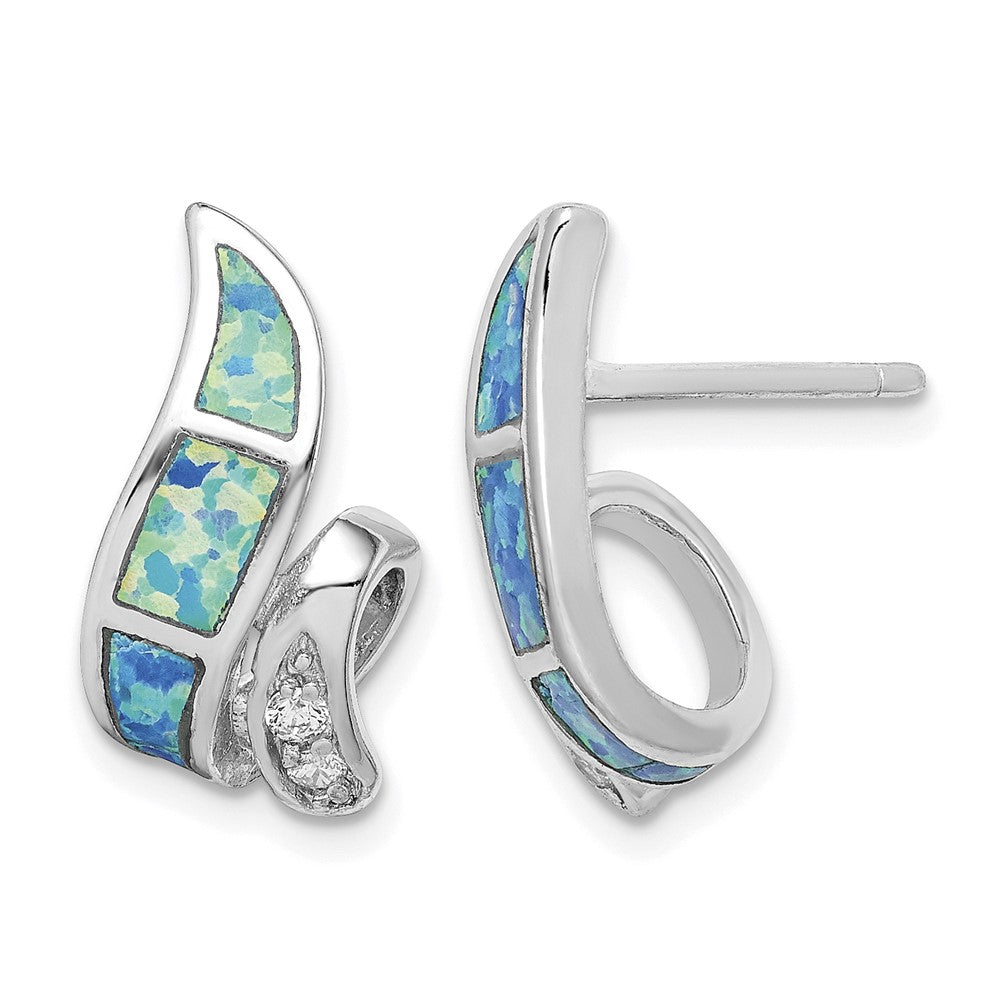 Sterling Silver RH-plated CZ & Blue Created Opal Twisted Post Earrings