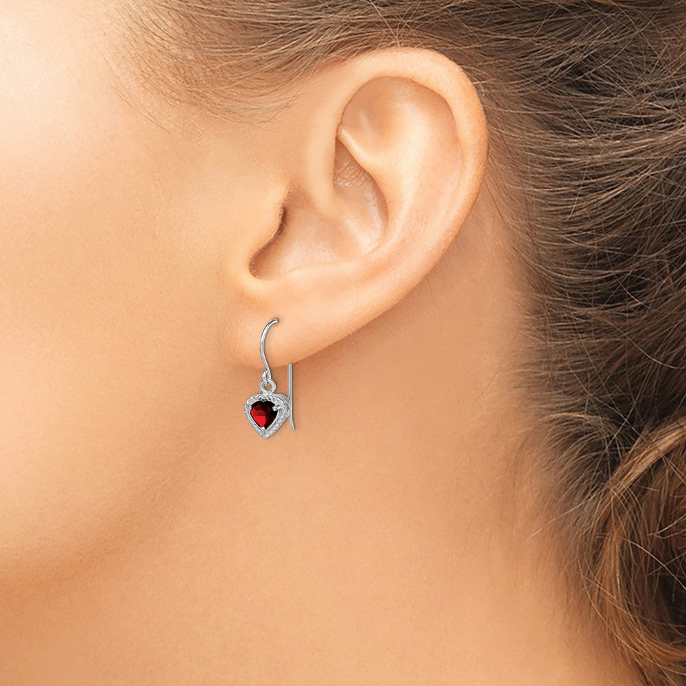 Sterling Silver Rhodium Plated Garnet Small Heart Earrings