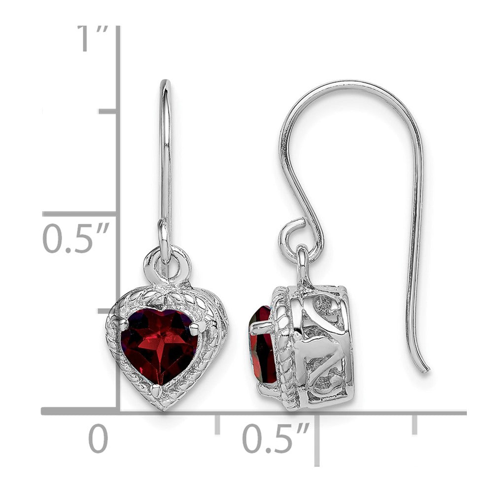 Sterling Silver Rhodium Plated Garnet Small Heart Earrings