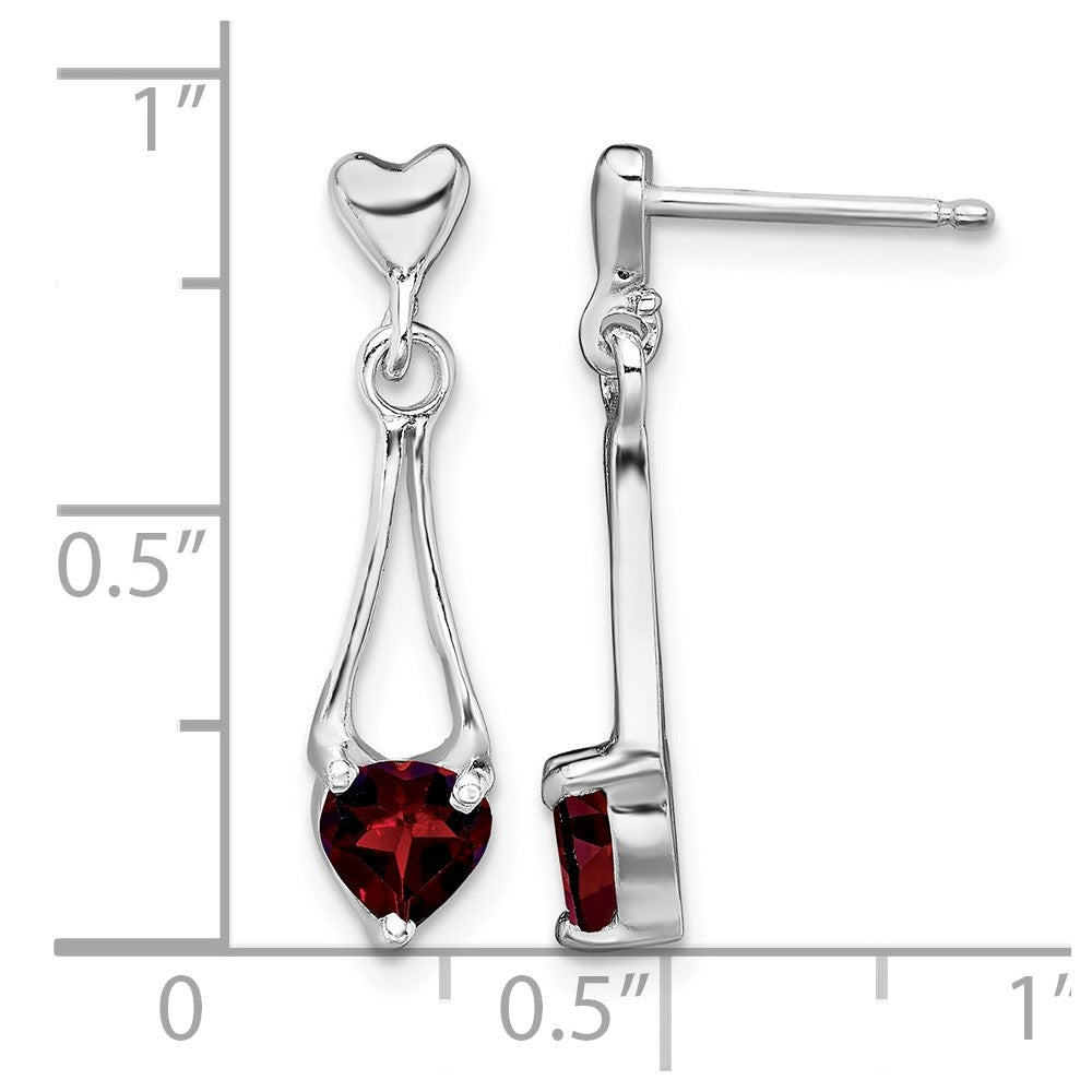 Sterling Silver Rhodium-plated Polished Garnet Heart Post Dangle Earrings
