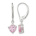 Sterling Silver Polished Pink CZ Heart Leverback Dangle Earrings