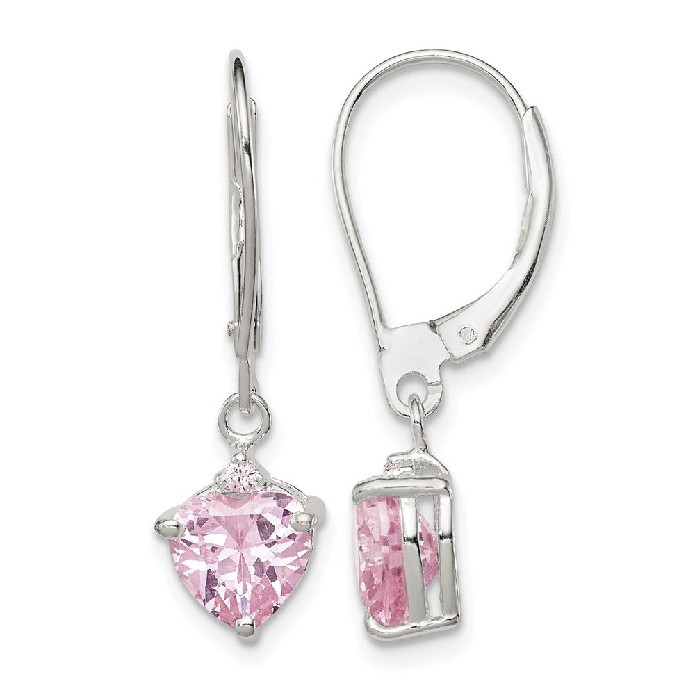Sterling Silver Polished Pink CZ Heart Leverback Dangle Earrings
