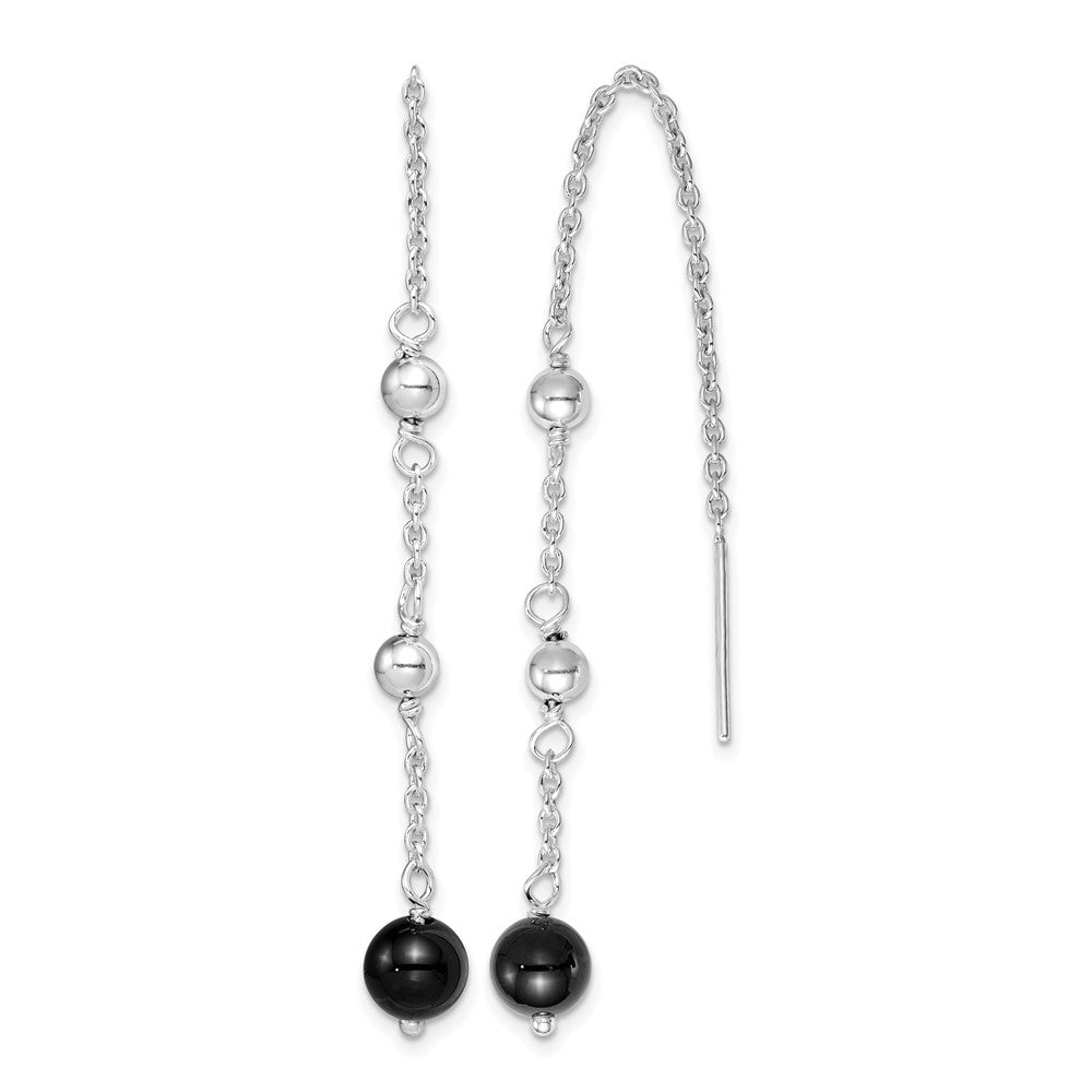 Sterling Silver RH-plated Polished & Beaded Black Onyx Threader Earrings
