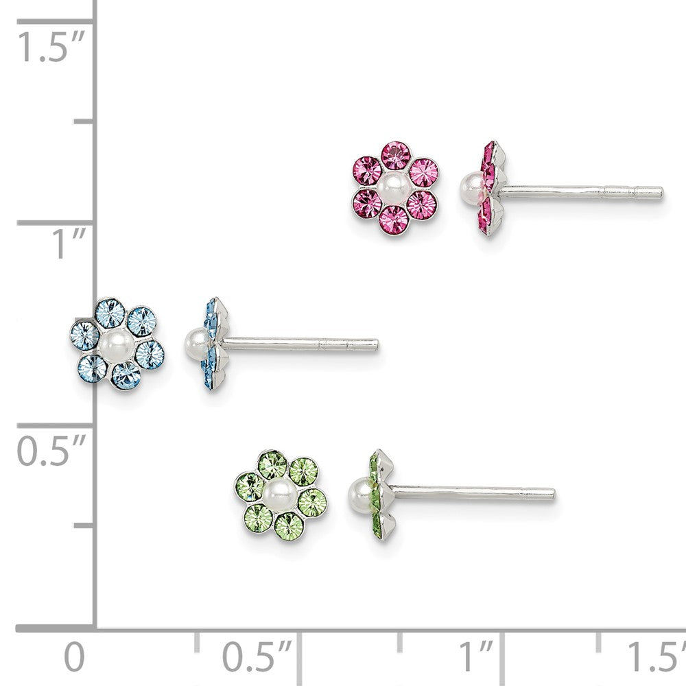 Sterling Silver Stellux Crystal & Imitation Pearl Flower Post Earring Set