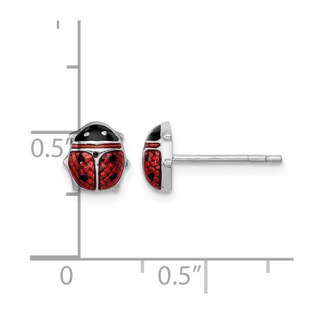 Sterling Silver Rhodium Polished Enameled Lady Bug Post Earrings