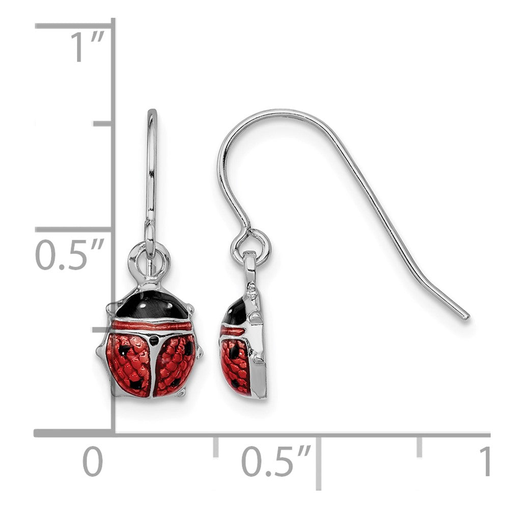 Sterling Silver Rhodium Enameled Ladybug Dangle Earrings