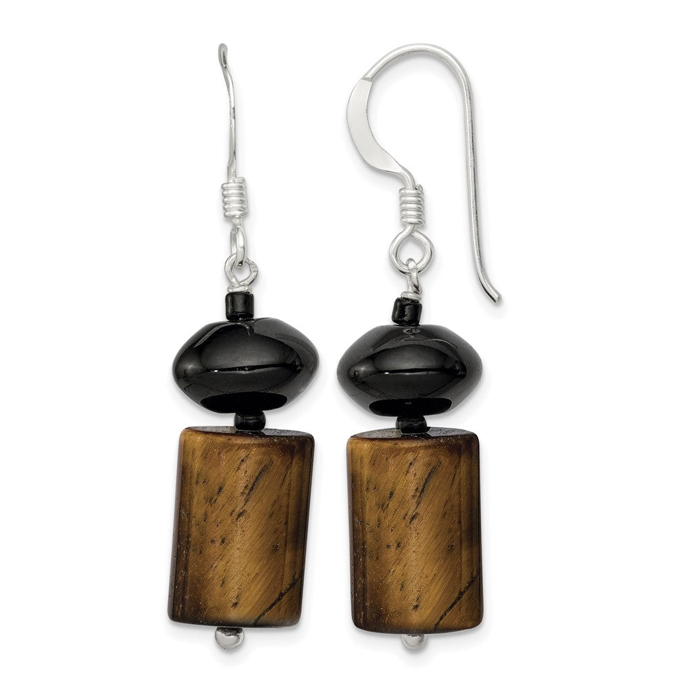 Sterling Silver Black Agate / Black Glass Bead / Tiger's Eye Dangle Earring
