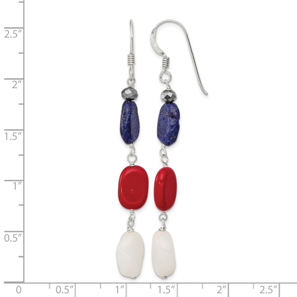 Sterling Silver Polished Red Coral/Crystal/White Jade/Lapis Dangle Earrings
