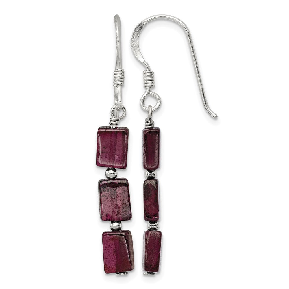 Sterling Silver Polished Triple Rectangle Garnet Dangle Earrings