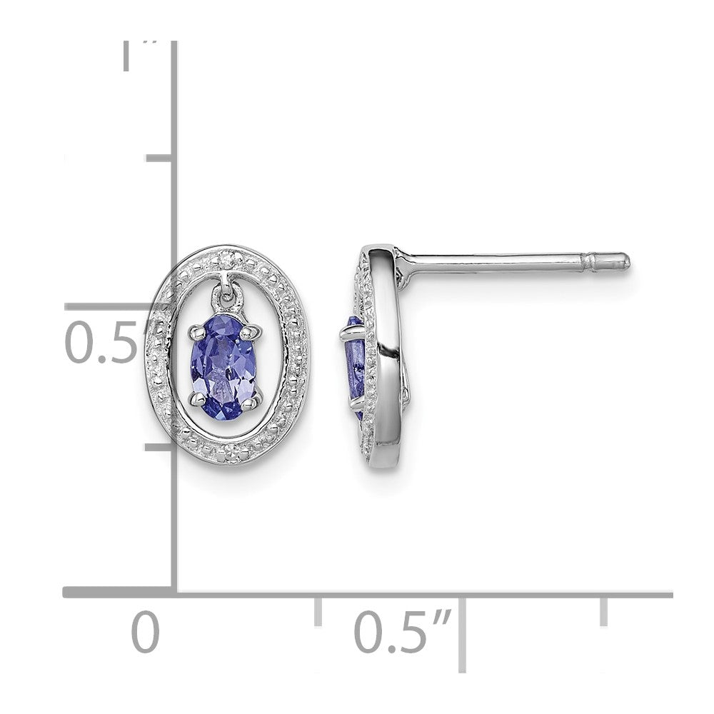 Sterling Silver Rhodium Plated Diamond & Tanzanite Oval Post Earrings