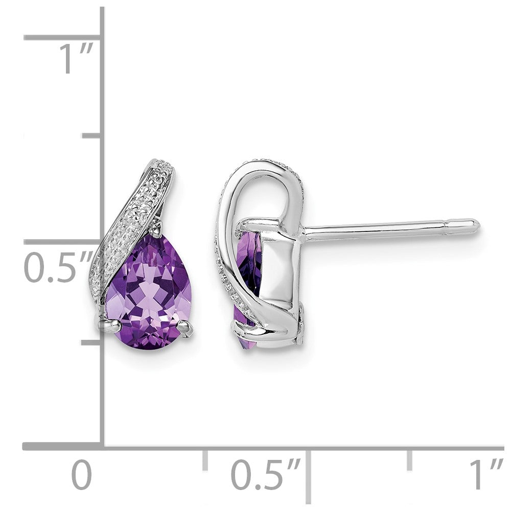 Sterling Silver Rhodium Plated Diamond and Amethyst Post Earrings