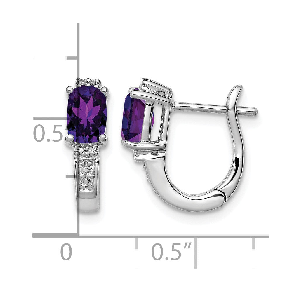 Sterling Silver RH Plated Diamond and Amethyst Hinged Hoop Earrings