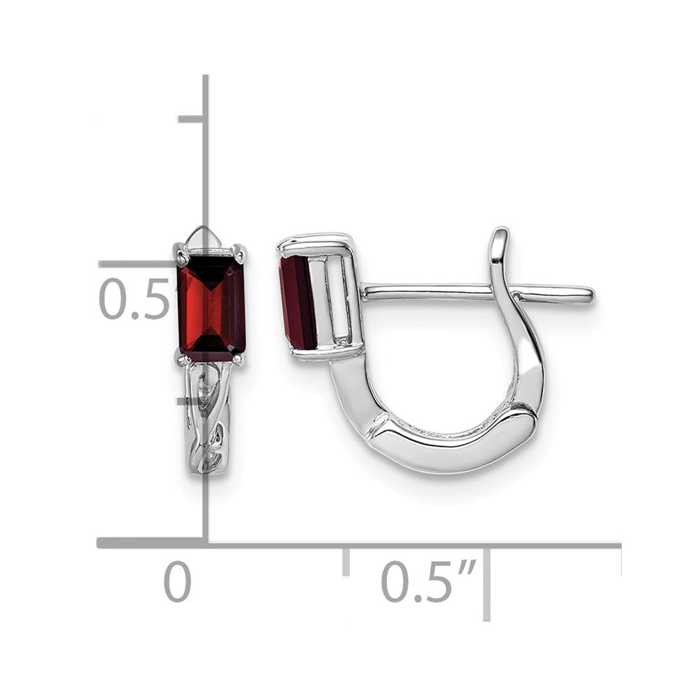 Sterling Silver Rhodium Plated Garnet Hinged Hoop Earrings