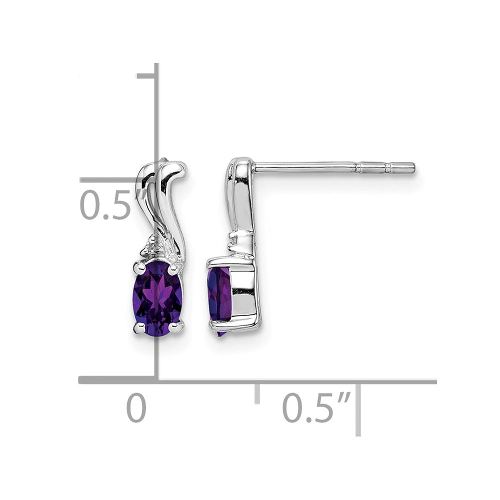 Sterling Silver Rhodium Plated Diamond and Amethyst Oval Post Earrings