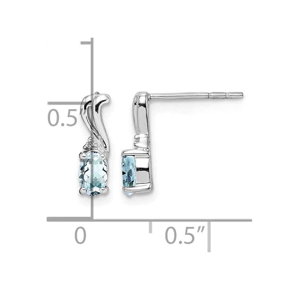 Sterling Silver Rhodium Plated Dia. & Aquamarine Oval Post Earrings