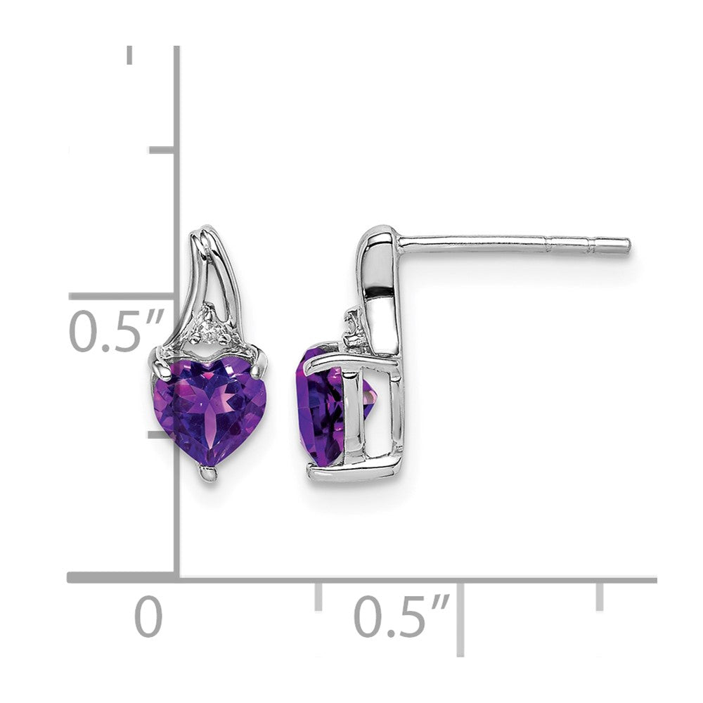 Sterling Silver Rhodium Plated Diamond and Amethyst Heart Post Earrings