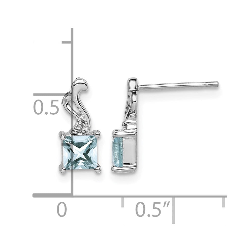 Sterling Silver Rhodium Plated Dia. Aquamarine Square Post Earrings