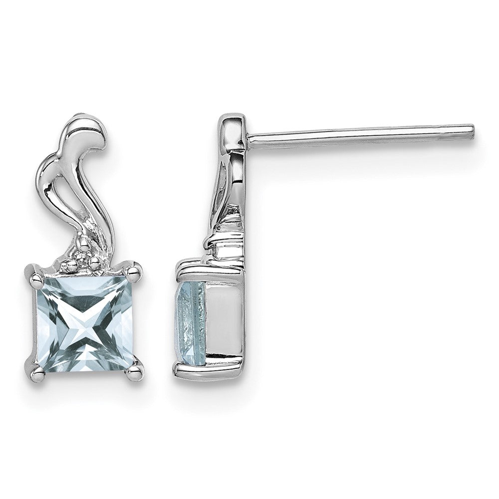 Sterling Silver Rhodium Plated Dia. Aquamarine Square Post Earrings