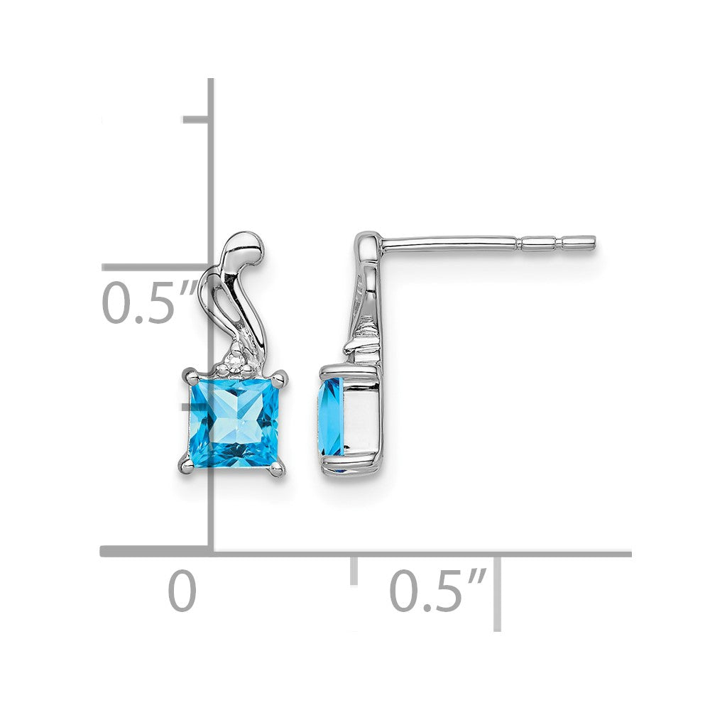 Sterling Silver Rhodium Plated Diamond and Blue Topaz Square Earrings