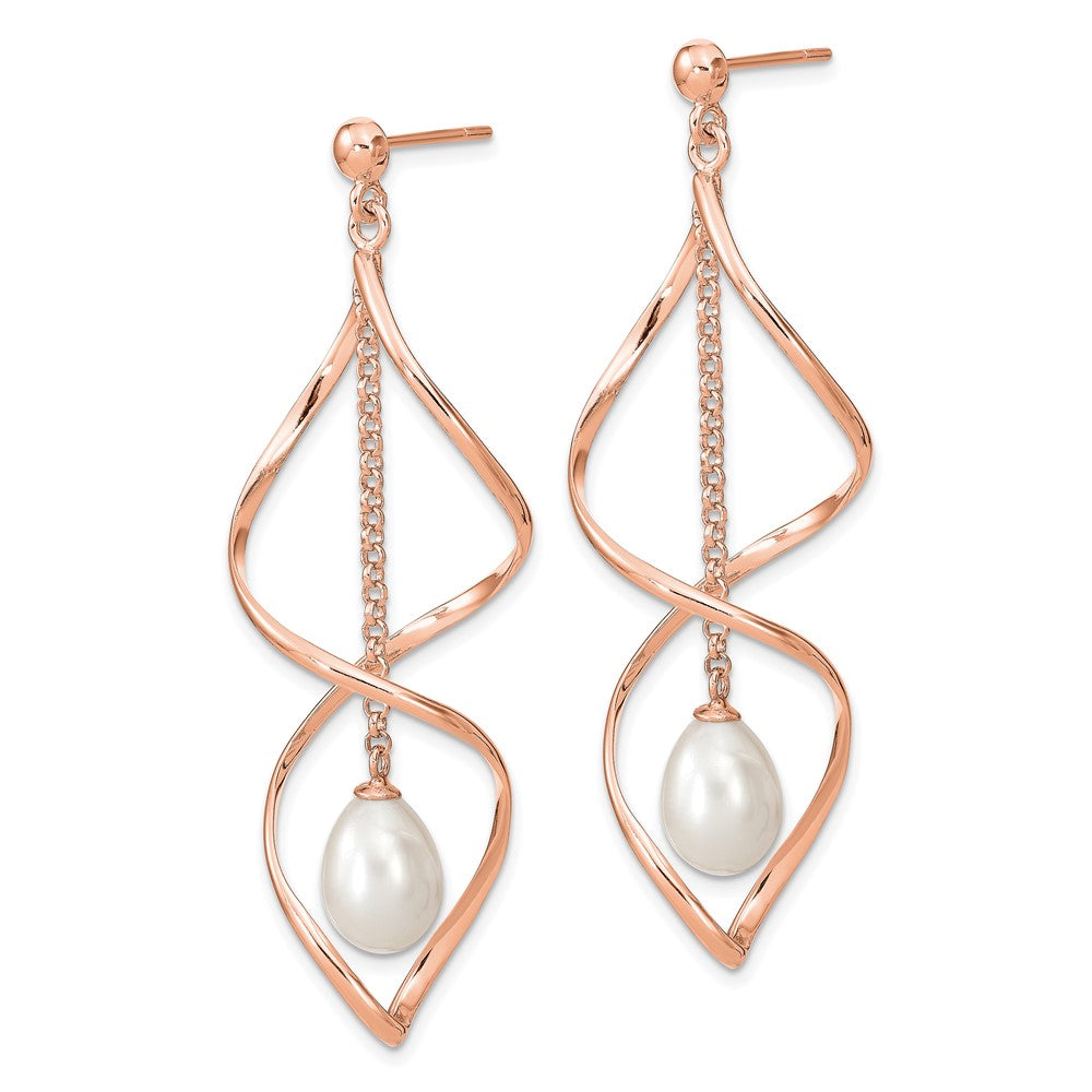 Sterling Silver Rose-tone 7-8mm White Teardrop FWC Pearl Earrings