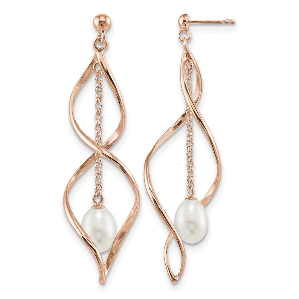 Sterling Silver Rose-tone 7-8mm White Teardrop FWC Pearl Earrings
