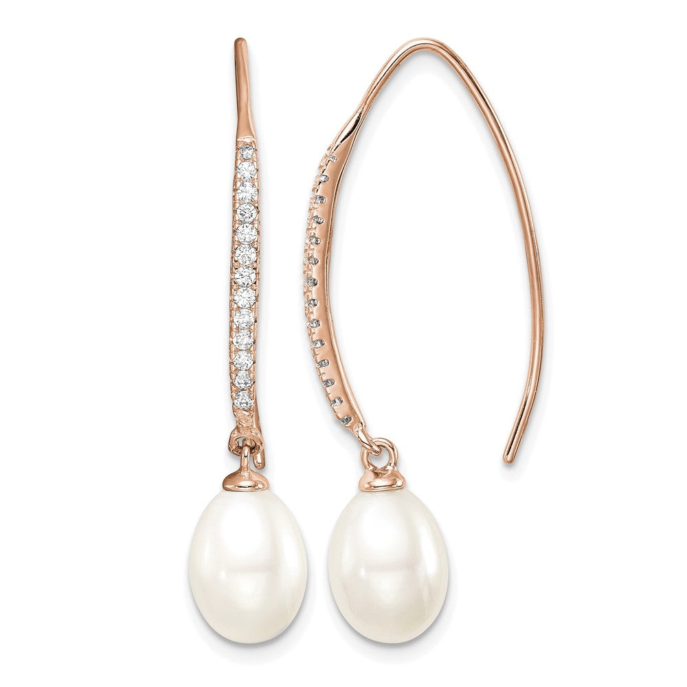 Sterling Silver Rose-tone 7-8mm FWC Pearl & CZ Threader Earrings