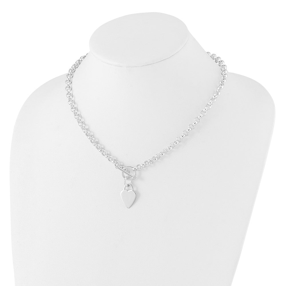 Sterling Silver RH-plated Heart Disc on Toggle Necklace