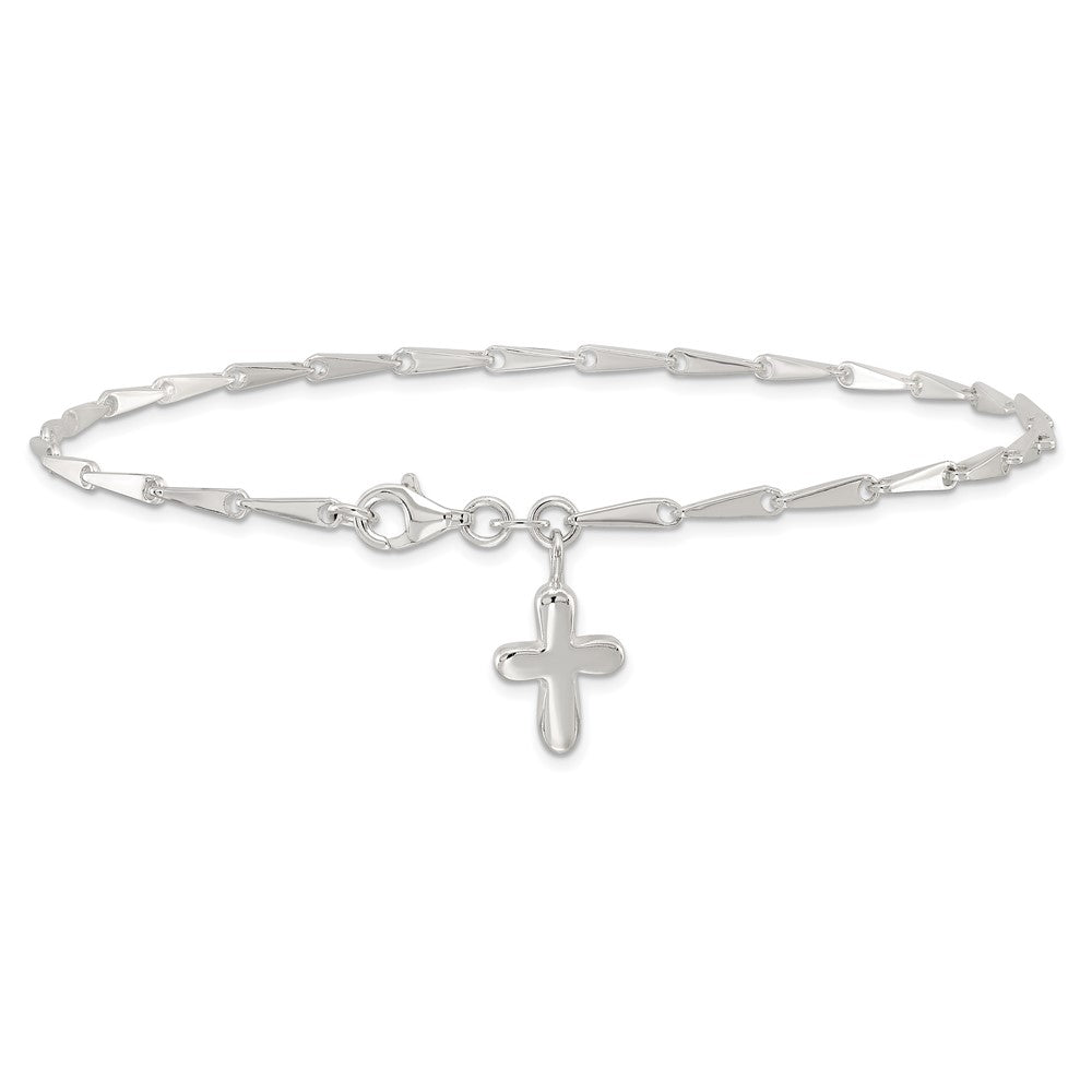 Sterling Silver Solid Polished Cross on Fancy Link Anklet