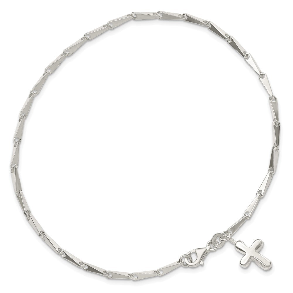 Sterling Silver Solid Polished Cross on Fancy Link Anklet