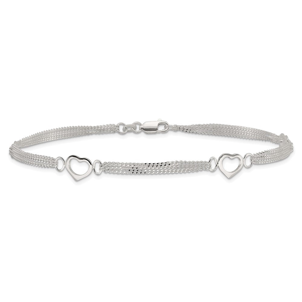 Sterling Silver Polished Heart Multi-Strand Anklet
