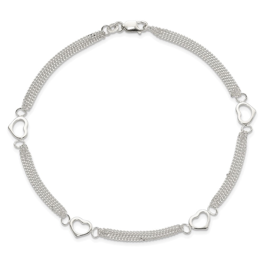 Sterling Silver Polished Heart Multi-Strand Anklet