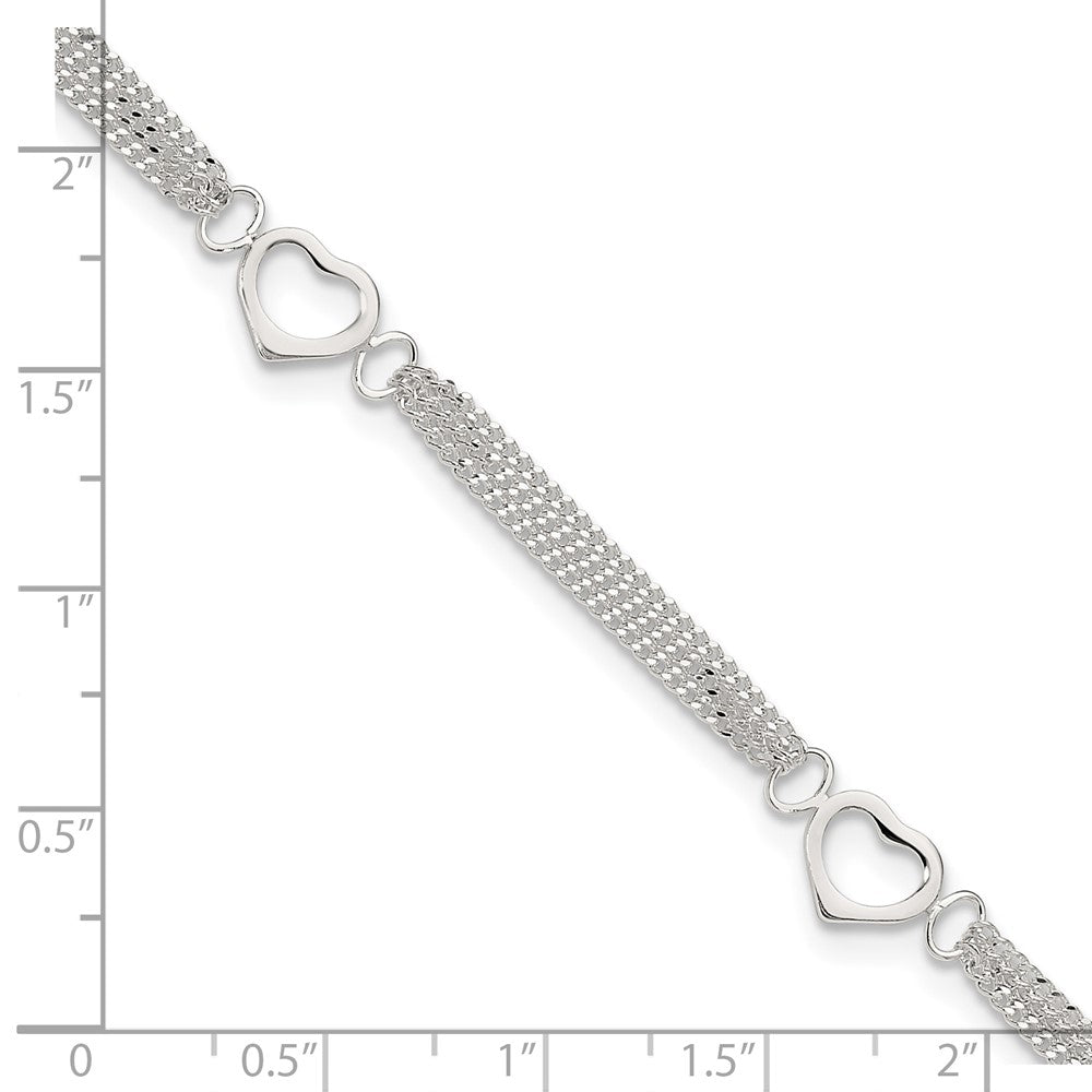 Sterling Silver Polished Heart Multi-Strand Anklet