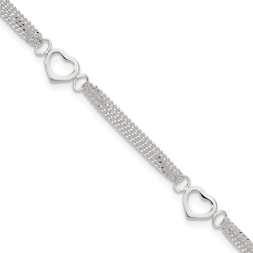 Sterling Silver Polished Heart Multi-Strand Anklet
