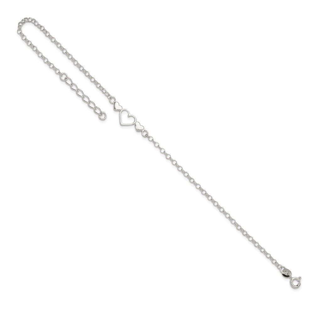 Sterling Silver 9inch Plus 1 in ext. Polished Triple Heart Anklet