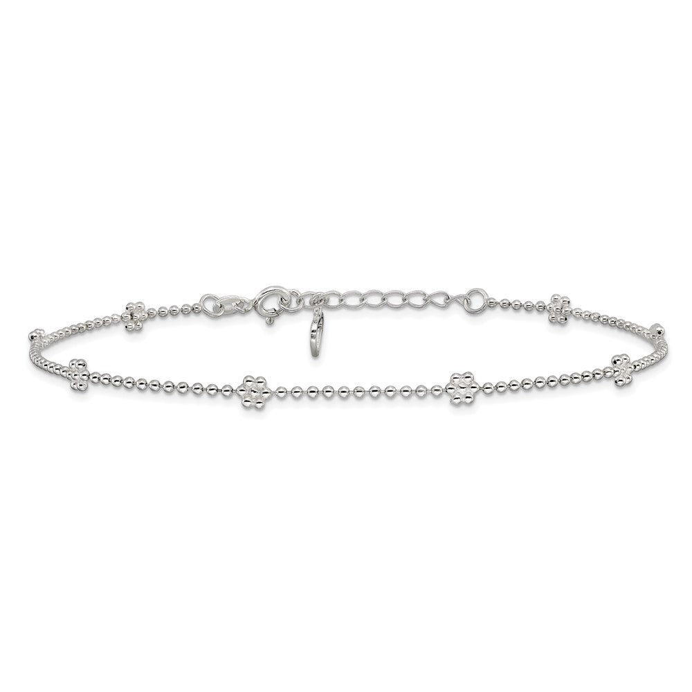 Sterling Silver 9in Plus 1in ext Polished Flower Anklet