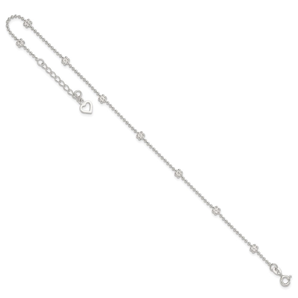 Sterling Silver 9in Plus 1in ext Polished Flower Anklet