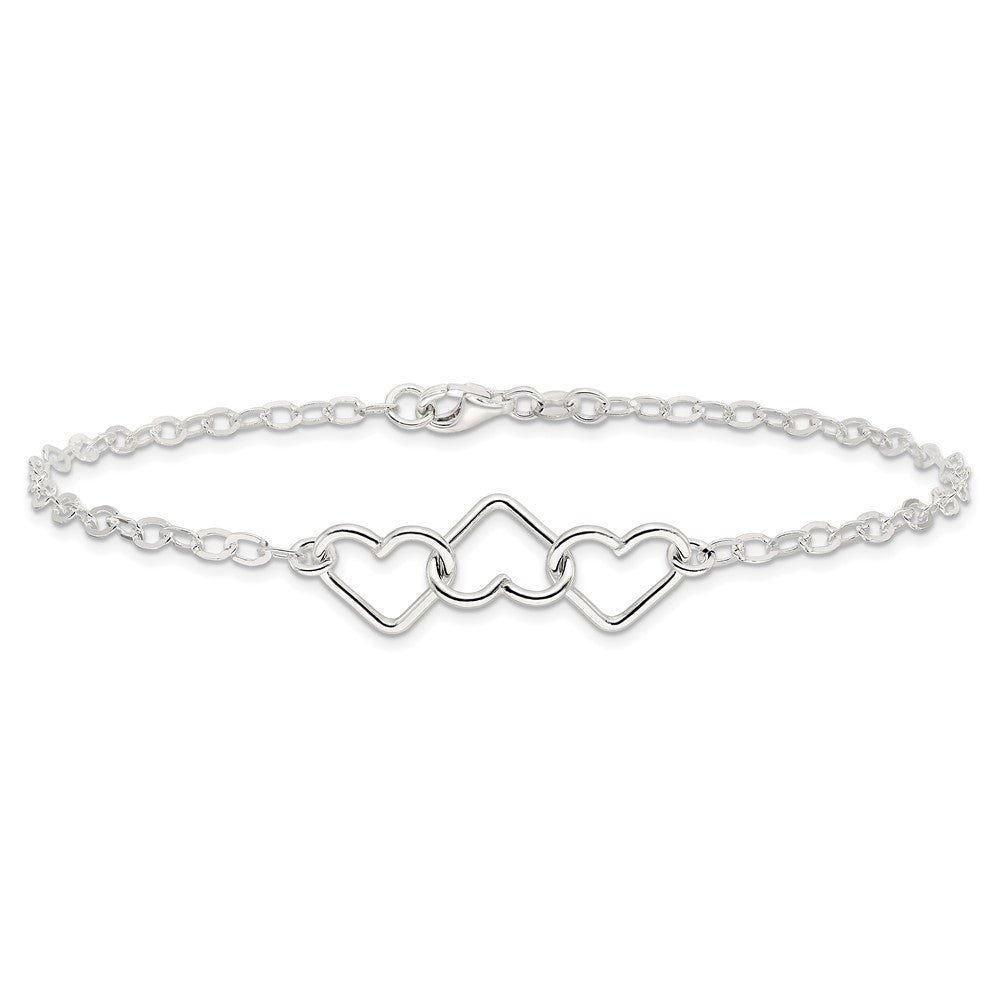 Sterling Silver Solid Polished Fancy Heart Link Anklet
