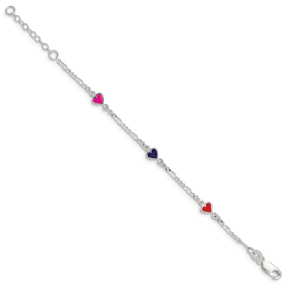 Sterling Silver Multi-color Enameled Hearts w/ 1in ext Children's Bracelet
