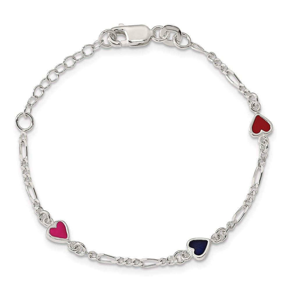 Sterling Silver Multi-color Enameled Hearts w/ 1in ext Children's Bracelet