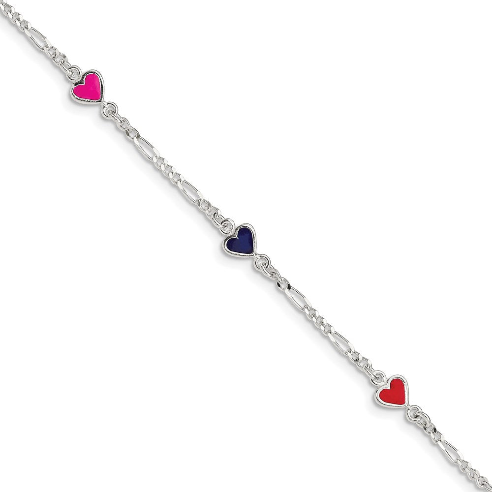 Sterling Silver Multi-color Enameled Hearts w/ 1in ext Children's Bracelet